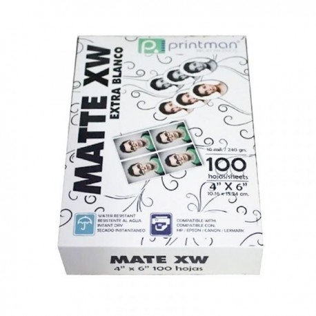 Papel PRINTMAN 4X6 Mate Extra Blanco 100H 10.5 Mils 240 Grs