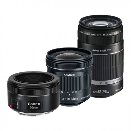 Kit Lentes Canon EF 50mm f/1.8 STM, EF-S 55-250mm f4-5.6 IS y EF-S 10-18mm F/4.5-5.6 IS STM